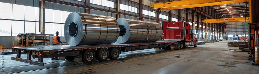 Large metal coils on a flatbed truck inside an industrial warehouse with heavy machinery and workers in safety gear. Large metal coils on a flatbed truck inside an industrial warehouse with heavy machinery and workers in safety gear.