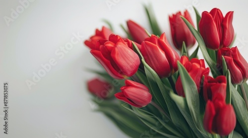 Red tulip bouquet for Valentine s and Mother s Day with white backdrop design space holiday theme desktop wallpaper Close up photo