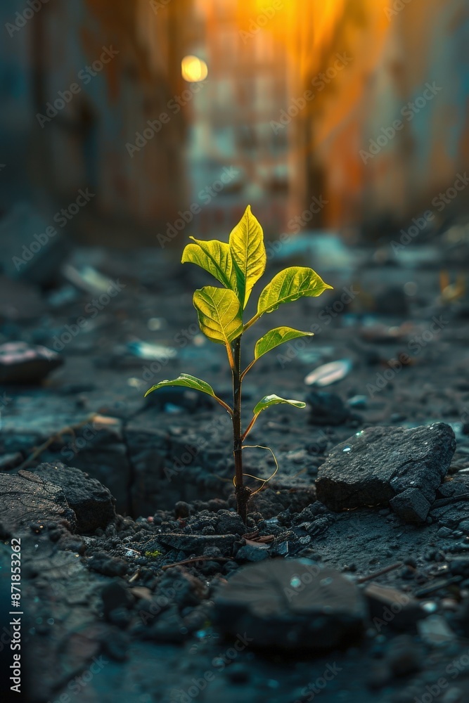 A small green plant emerging from cracked urban rubble, bathed in warm sunset light, representing resilience and new beginnings. A small green plant emerging from cracked urban rubble, bathed in warm sunset light, representing resilience and new beginnings.