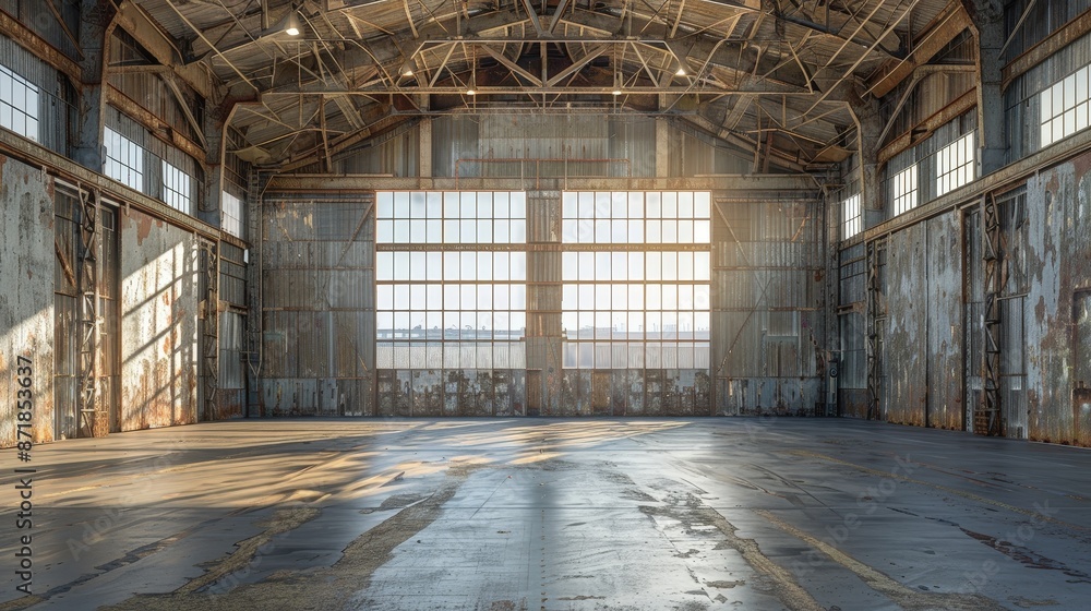 Spacious, empty industrial warehouse with large windows, rusty metal walls, and sunlight streaming in, creating a dramatic atmosphere. Spacious, empty industrial warehouse with large windows, rusty metal walls, and sunlight streaming in, creating a dramatic atmosphere.