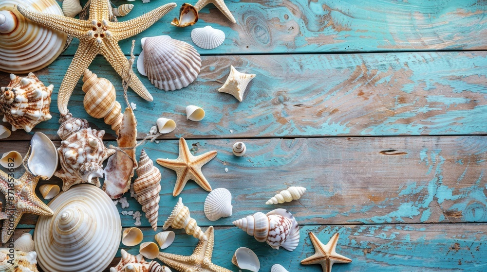 Fototapeta premium Summer vacation setting with shells and items on rustic wooden surface Overhead view Flat lay styling