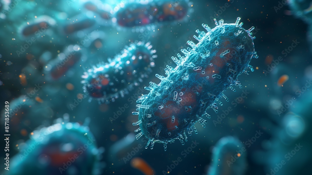 Fototapeta premium Close-Up Microscopic Image of a Single Bacterium Surrounded by Other Bacteria