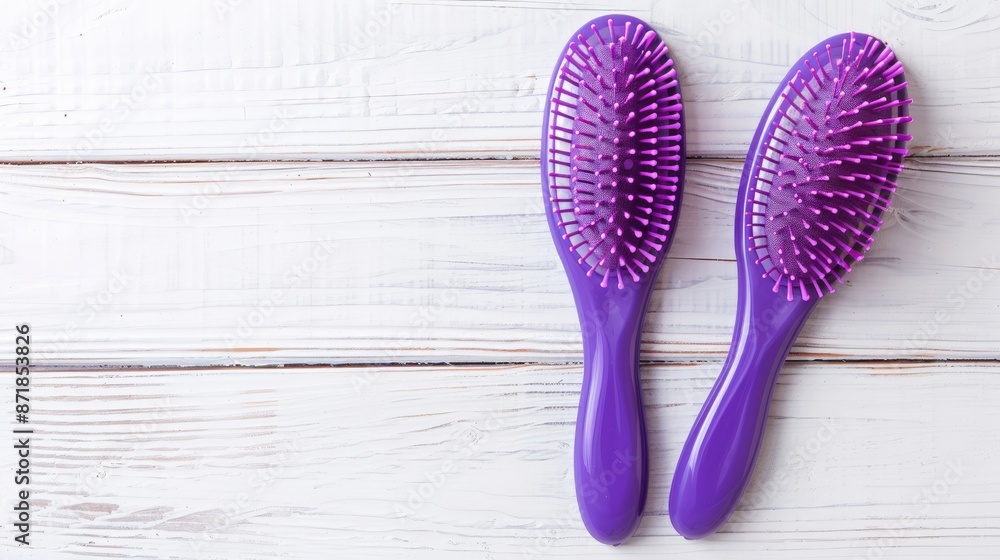 Two purple plastic hairbrushes on aged white wooden table with text space Two purple plastic hairbrushes on aged white wooden table with text space