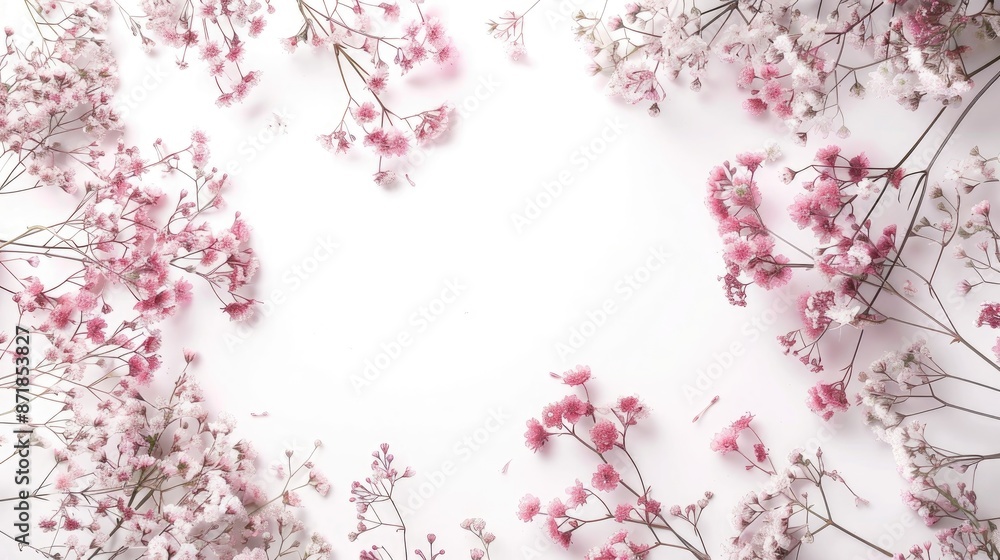 Fototapeta premium Pink gypsophila and eucalyptus frame on white background