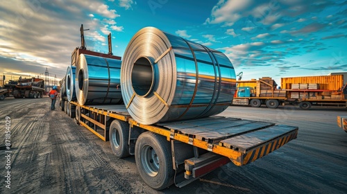 Large rolls of shiny steel on a flatbed truck in an industrial area under a blue sky with clouds.