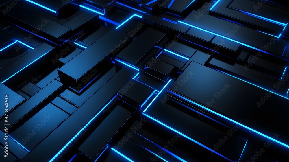 Obraz premium 3d rendering of blue and black abstract geometric background. Scene for advertising, technology, showcase, banner, game, sport, cosmetic, business, metaverse. Sci-Fi Illustration. Product display