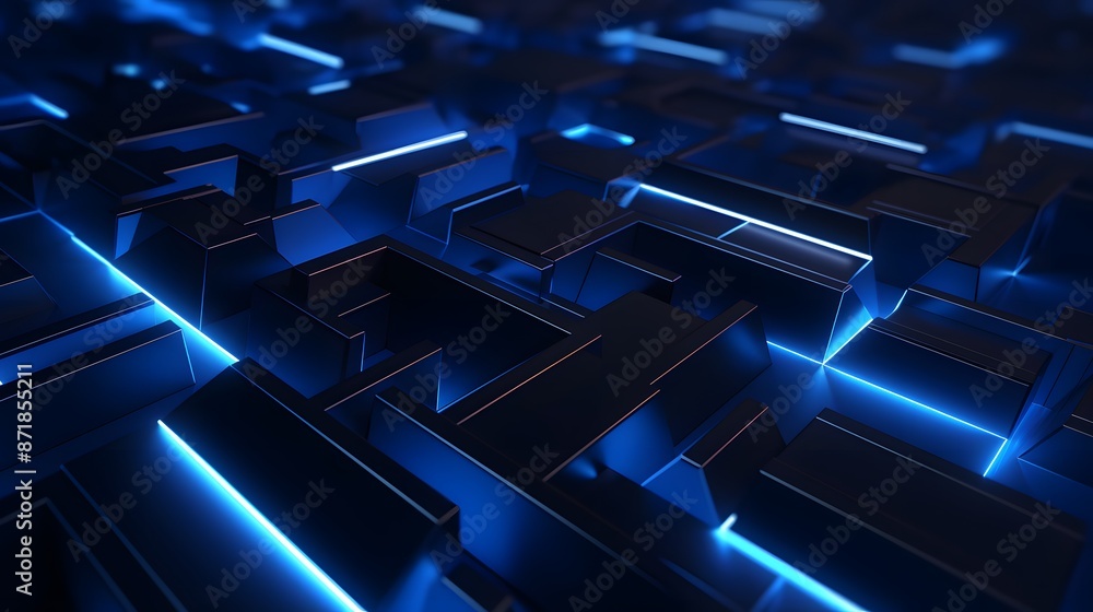 3d rendering of blue and black abstract geometric background. Scene for advertising, technology, showcase, banner, game, sport, cosmetic, business, metaverse. Sci-Fi Illustration. Product display 3d rendering of blue and black abstract geometric background. Scene for advertising, technology, showcase, banner, game, sport, cosmetic, business, metaverse. Sci-Fi Illustration. Product display