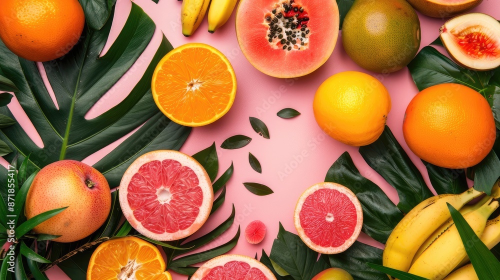 Tropical fruits and leaves on pink backdrop with various fruits Top down view Tropical fruits and leaves on pink backdrop with various fruits Top down view