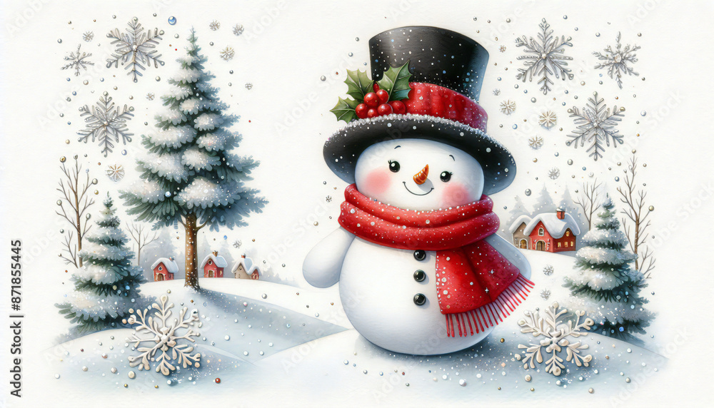 Obraz premium Festive Christmas background card illustration with snowman,snowy trees and snow flakes