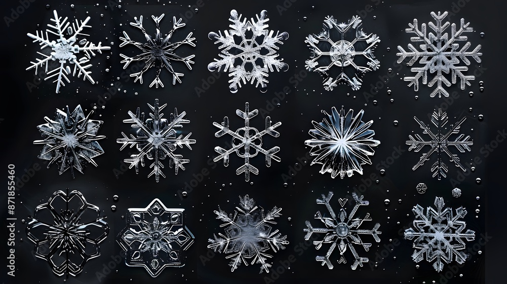 Icon set of winter snowflakes over black. Icon set of winter snowflakes over black.