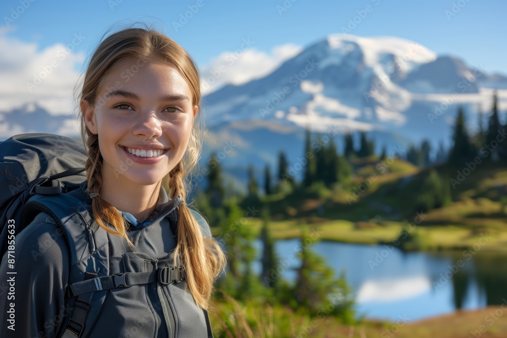 A cheerful young woman with braided hair and a backpack enjoys a sunny day hiking in a beautiful mountain landscape. A cheerful young woman with braided hair and a backpack enjoys a sunny day hiking in a beautiful mountain landscape.