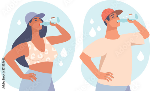 Man and woman drinking water from bottles. Stay hydrated concept. Vector characters