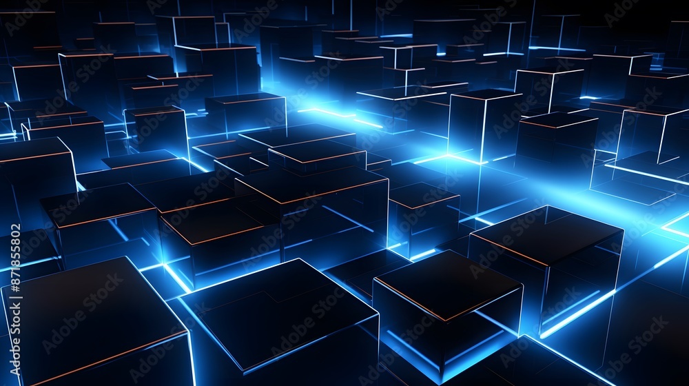 Obraz premium 3d rendering of blue and black abstract geometric background. Scene for advertising, technology, showcase, banner, game, sport, cosmetic, business, metaverse. Sci-Fi Illustration. Product display