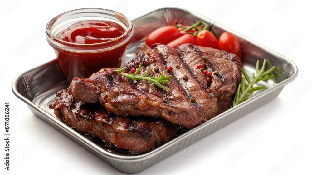 Close up of ketchup in metal container with barbecue steak on white background Close up of ketchup in metal container with barbecue steak on white background
