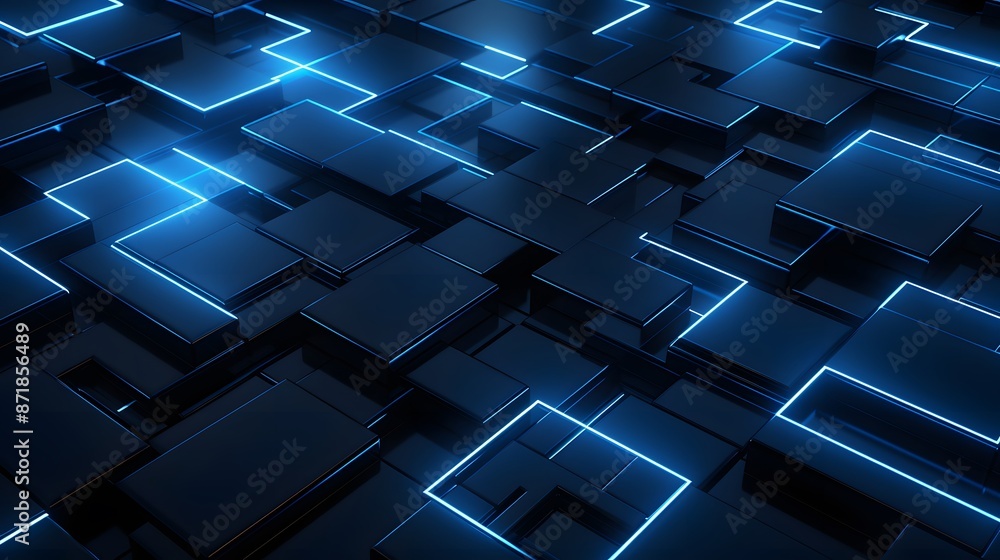 Fototapeta premium 3d rendering of blue and black abstract geometric background. Scene for advertising, technology, showcase, banner, game, sport, cosmetic, business, metaverse. Sci-Fi Illustration. Product display