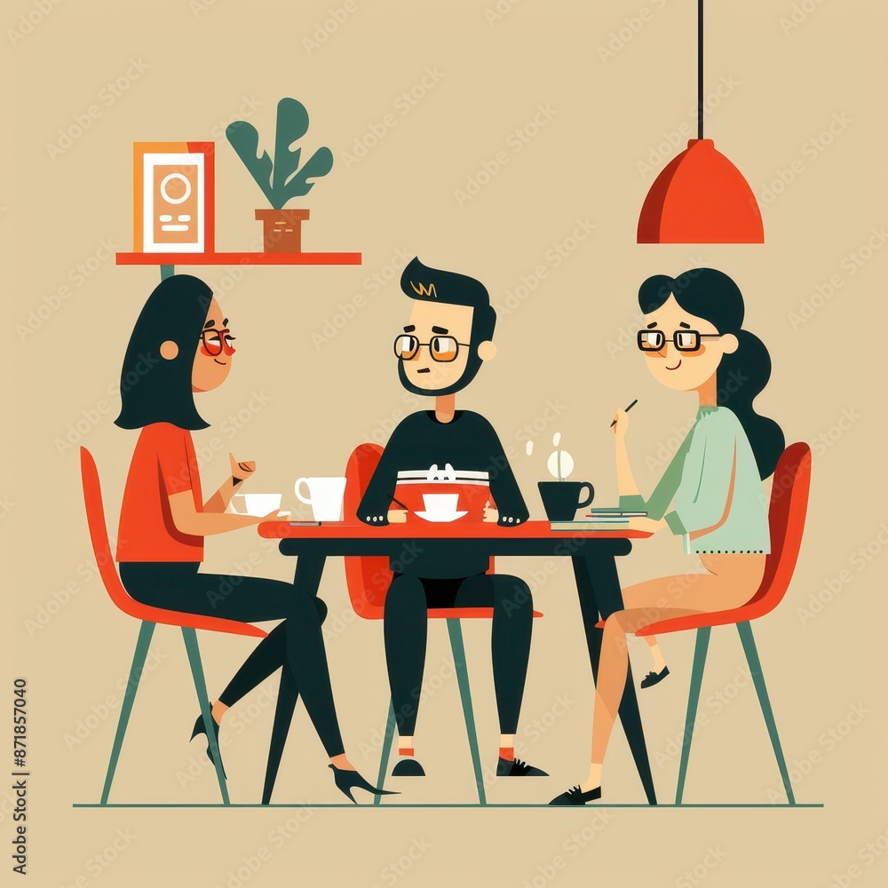 Three people are sitting at a table in a cafe, enjoying their coffee Three people are sitting at a table in a cafe, enjoying their coffee