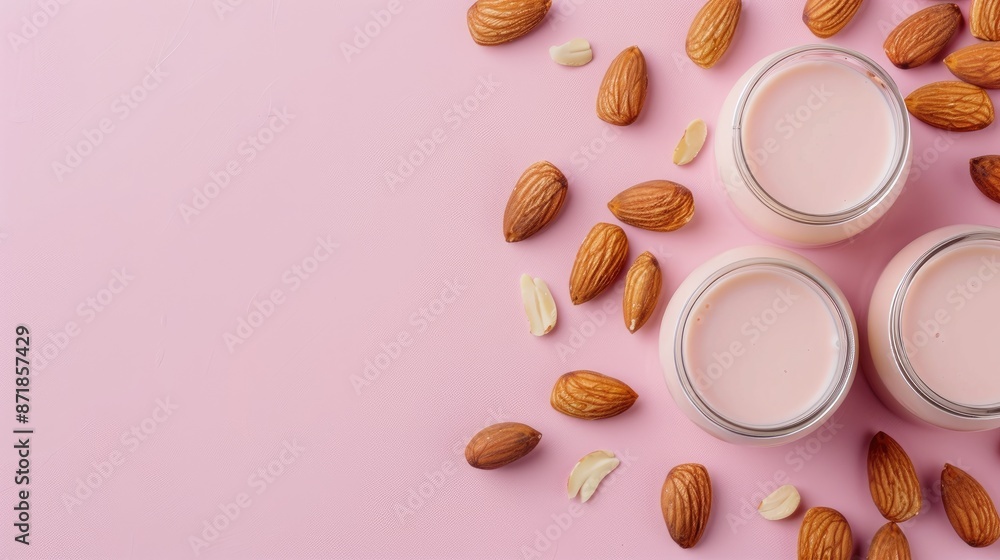 Almonds and almond milk in glass jars on pink background Concept of healthy lifestyle and diet Top view with text space Almonds and almond milk in glass jars on pink background Concept of healthy lifestyle and diet Top view with text space