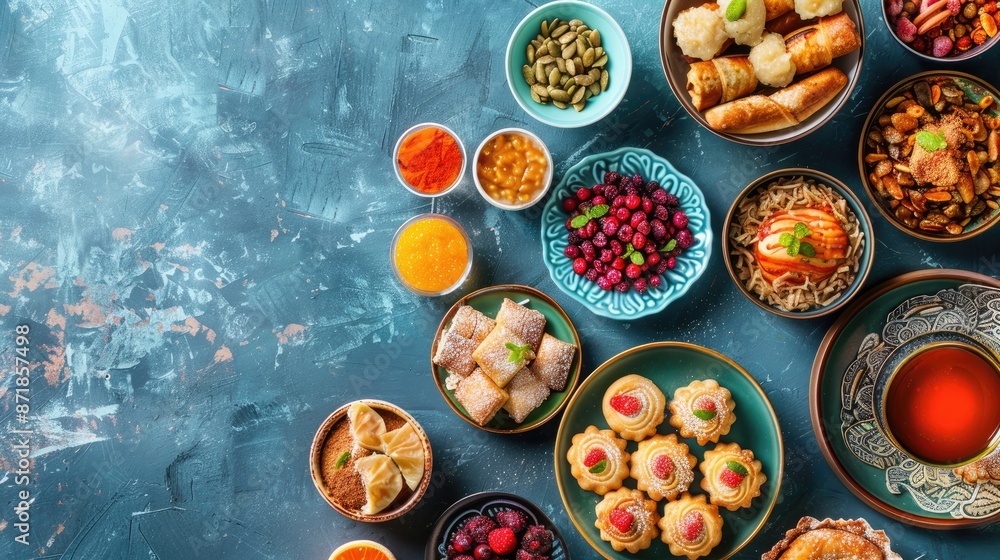 Fototapeta premium Variety of Eastern Desserts on Blue Background with Copy Space