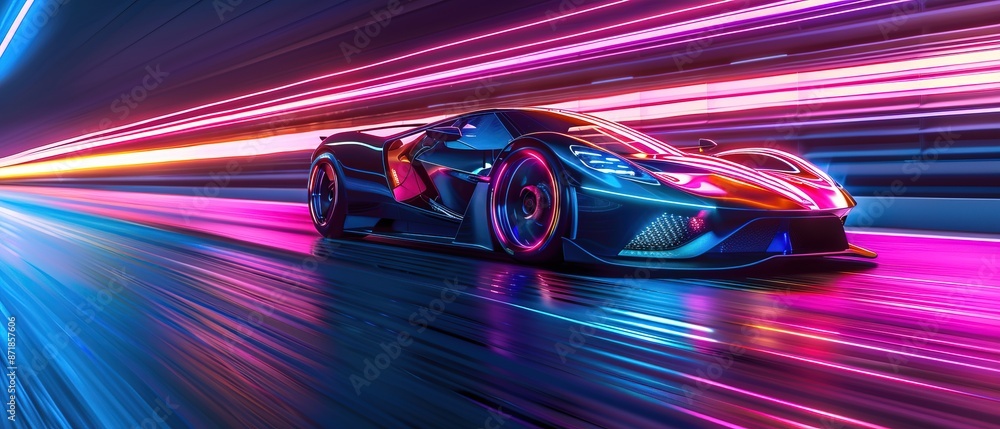 Futuristic Sports Car On Neon Highway. Powerful acceleration of a supercar with colorful lights trails Futuristic Sports Car On Neon Highway. Powerful acceleration of a supercar with colorful lights trails