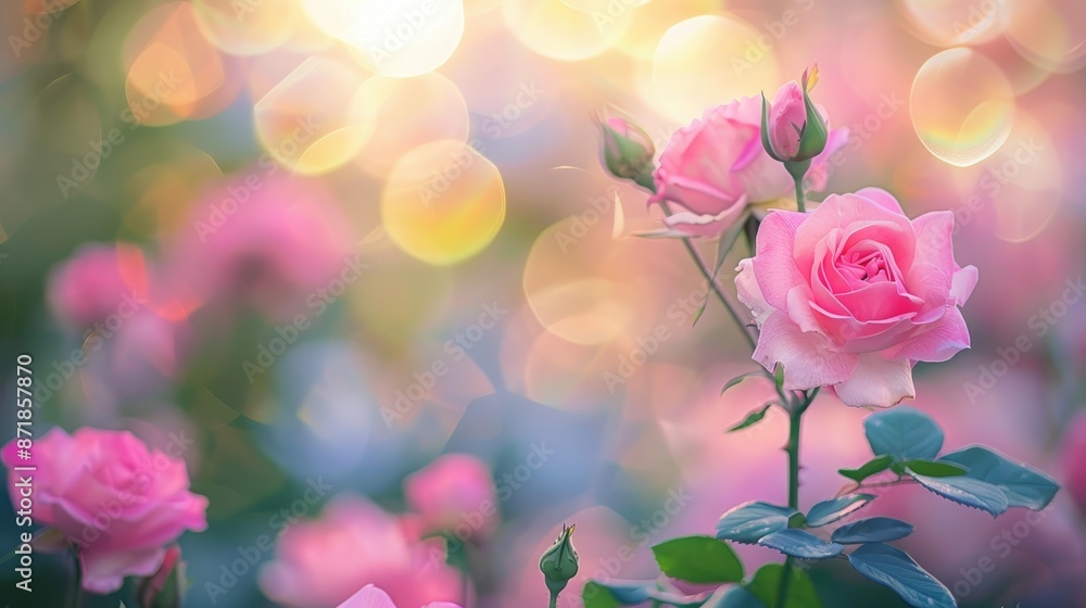 Obraz premium Soft focus on beautiful pink roses against a blurred garden backdrop