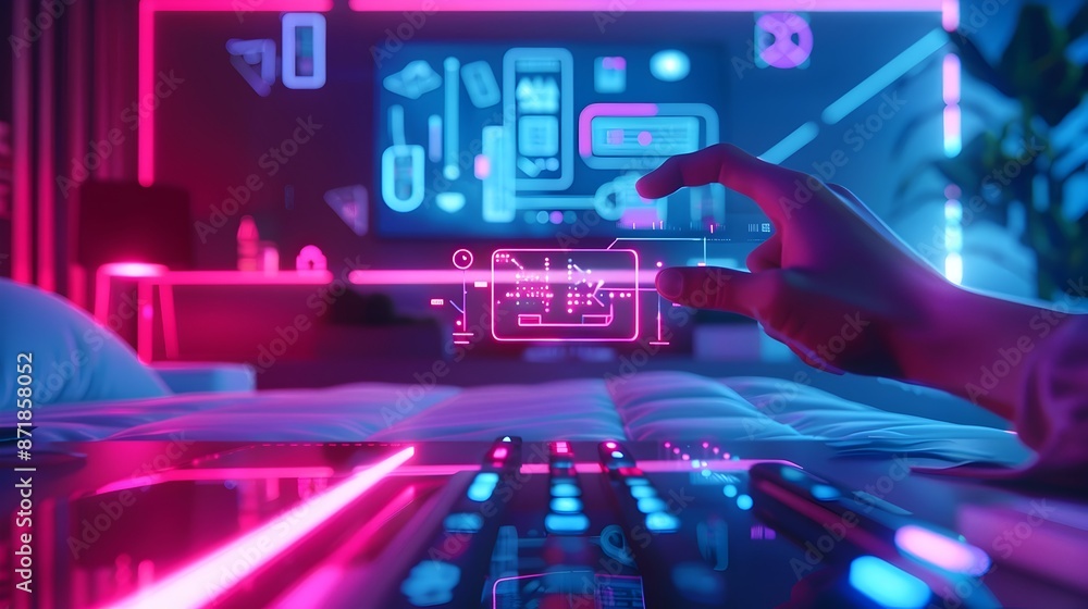 Futuristic Smart Home Interior with Neon Lighting and Holographic Interface Futuristic Smart Home Interior with Neon Lighting and Holographic Interface