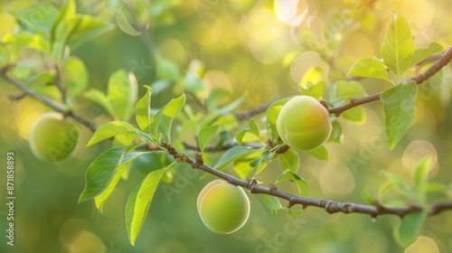 Spring branch with immature green peaches