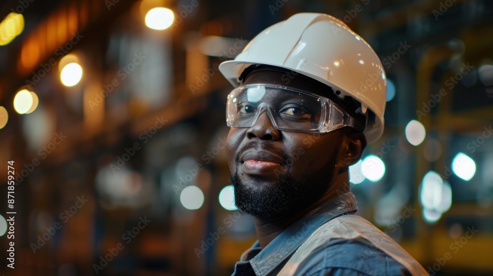 Happy Professional Heavy Industry Engineer Worker Wearing Uniform, Glasses, and Hard Hat in a Steel Factory. Smiling black male Industrial Specialist Standing in a Metal Construction Manufacture. Happy Professional Heavy Industry Engineer Worker Wearing Uniform, Glasses, and Hard Hat in a Steel Factory. Smiling black male Industrial Specialist Standing in a Metal Construction Manufacture.