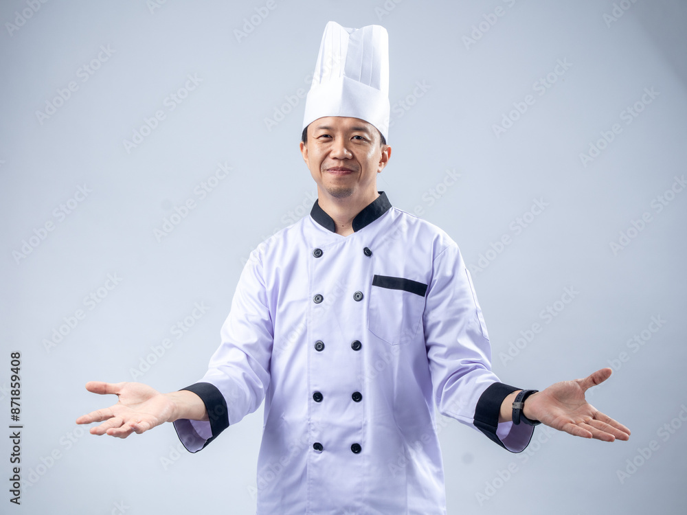 A cheerful Asian male chef in a white uniform and hat, with arms open wide, welcoming and inviting, against a light blue background. The setting is professional and friendly. A cheerful Asian male chef in a white uniform and hat, with arms open wide, welcoming and inviting, against a light blue background. The setting is professional and friendly.