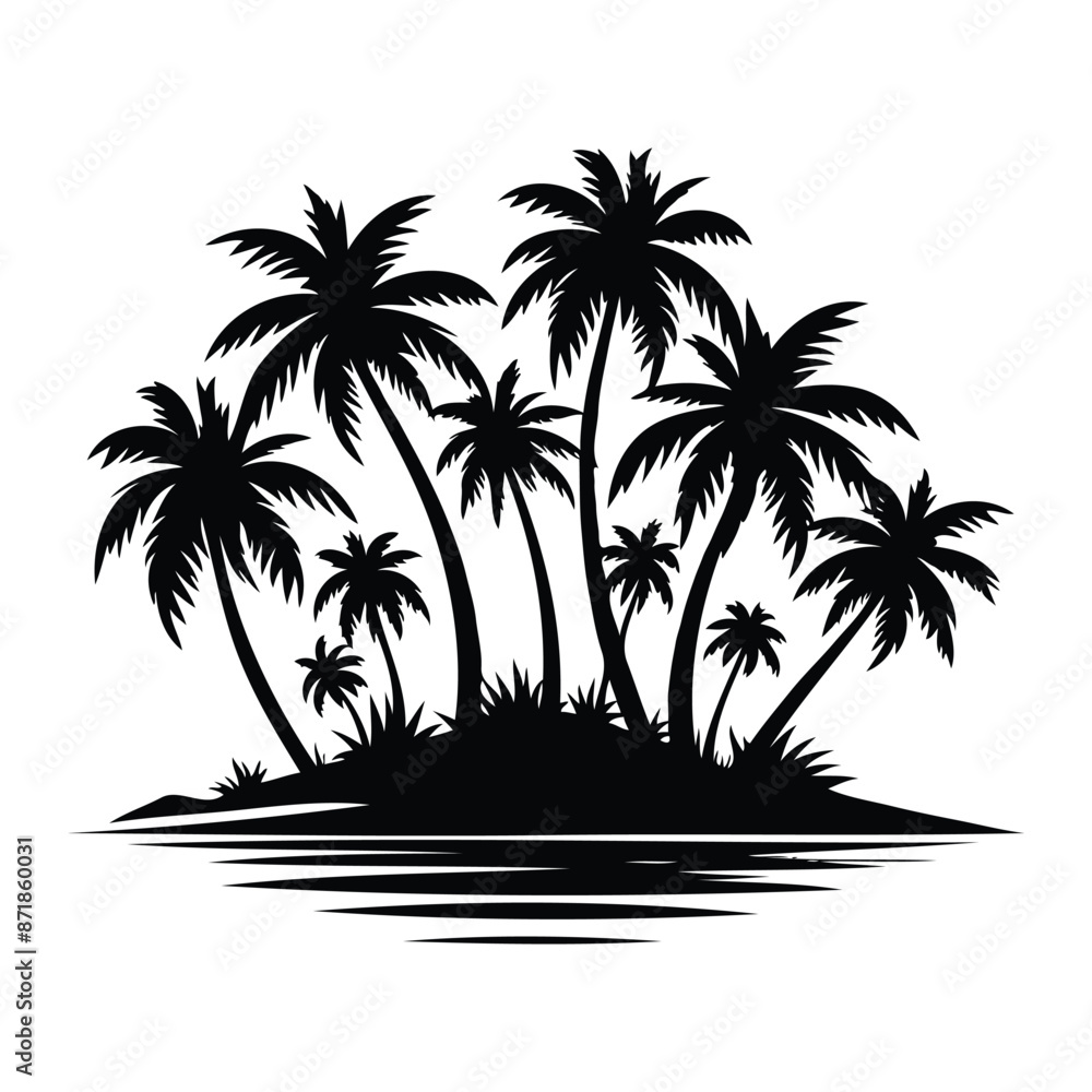 Illustration of Silhouette of a palm tree on a small island. Illustration of Silhouette of a palm tree on a small island.