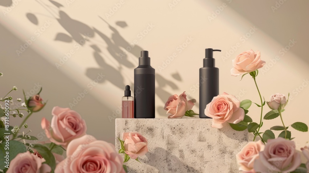 Cosmetic bottles displayed on stone podium with roses on beige backdrop Cosmetic bottles displayed on stone podium with roses on beige backdrop