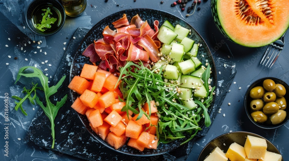 Mediterranean Summer Salad with Melon Bacon Olives Cheese and Arugula on Blue Stone Top View Mediterranean Summer Salad with Melon Bacon Olives Cheese and Arugula on Blue Stone Top View
