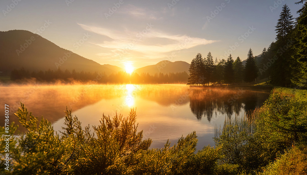 Fototapeta premium serene golden sunrise misty lake surrounded dense forest mountains soft mist warm sunlight creating tranquil atmosphere