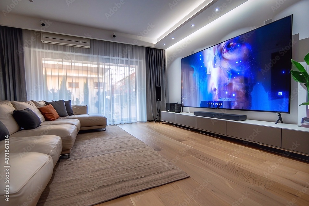 Fototapeta premium Modern living room with a large TV on the wall and a comfortable leather sofa. The living room is furnished in a modern style with an emphasis on comfort and technology.