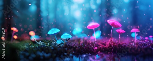 Enchanting glow of colorful mushrooms in a mystical forest, creating an atmospheric and magical landscape with vibrant hues. photo