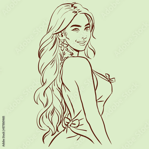 girl with long hair posing vector for card decoration illustration