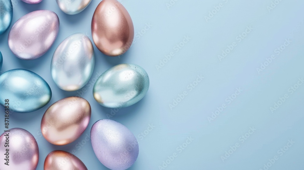 Shiny metallic Easter eggs on pastel blue with text space Top view flat lay composition Minimalist foil egg design Shiny metallic Easter eggs on pastel blue with text space Top view flat lay composition Minimalist foil egg design
