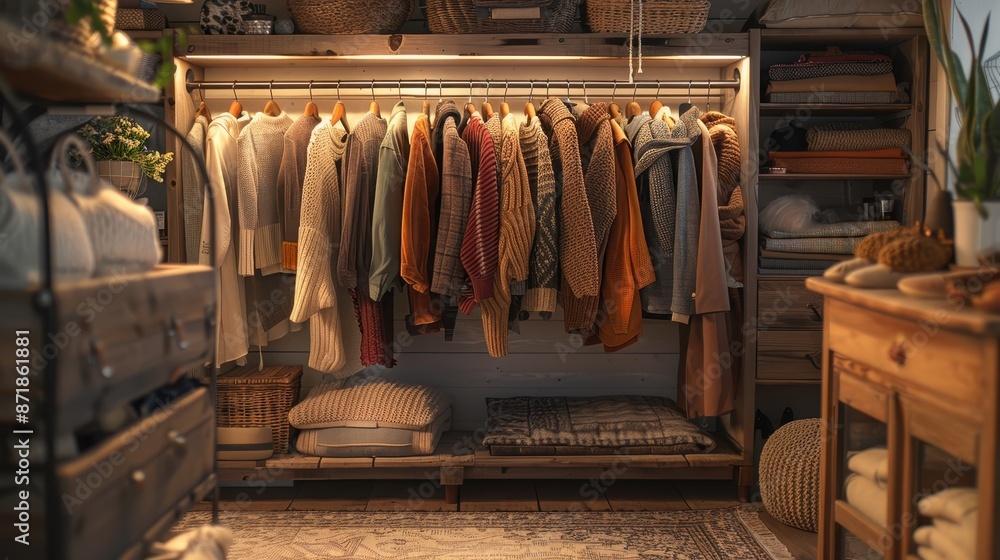 A closet with a lot of clothes hanging on it A closet with a lot of clothes hanging on it