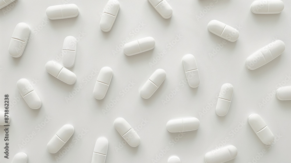 White pill items on white background from above view White pill items on white background from above view