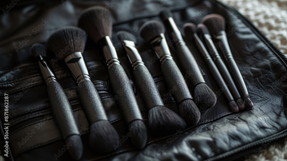 Black makeup brushes in leather case Black makeup brushes in leather case