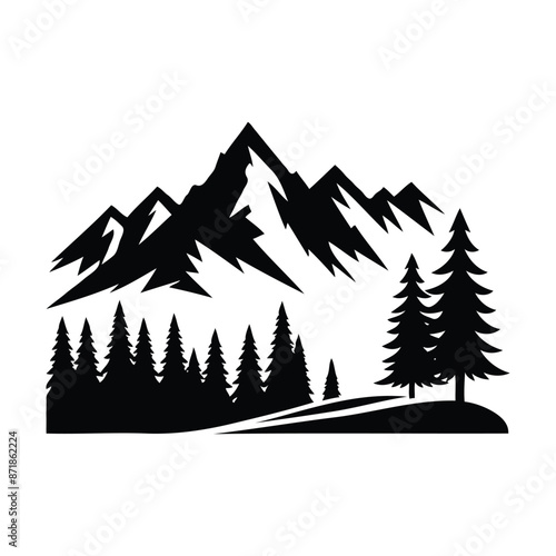 Mountain silhouette - vector icon. Rocky peaks. Mountains ranges. Black and white mountain icon