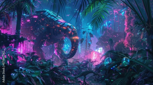 A cybernetic jungle with robotic animals and fluorescent plants