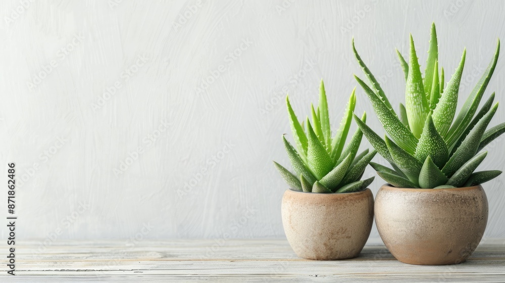 Aloe vera potted plants on wooden table for natural skincare concept with space for text Aloe vera potted plants on wooden table for natural skincare concept with space for text