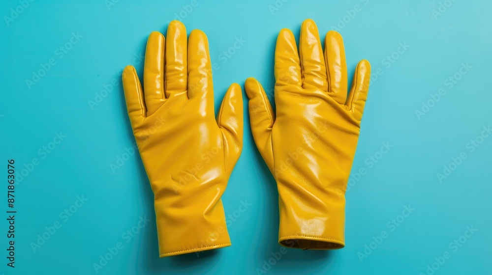 Obraz premium Women s leather gloves in yellow on light blue background