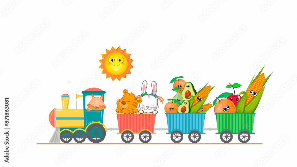 Fototapeta premium Cute, funny animals riding the train