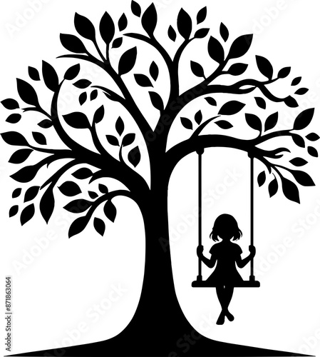 charmantes Silhouetten-Motiv eines Mädchens,das schaukelt auf einer Schaukel am Baum