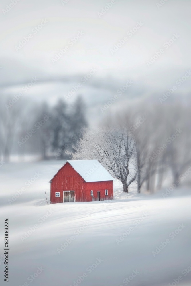 A red barn standing in a snowy field, with a soft background of snow-covered trees and landscape. A red barn standing in a snowy field, with a soft background of snow-covered trees and landscape.