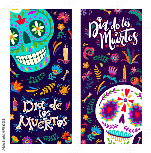Day of the dead Mexican holiday banners, dia de los Muertos calavera skulls with flowers, candles and bones. Vector vertical cards with calaca heads and traditional colorful tropical alebrije blooms