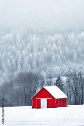 A red barn standing in a snowy field, with a soft background of snow-covered trees and landscape.  © grey