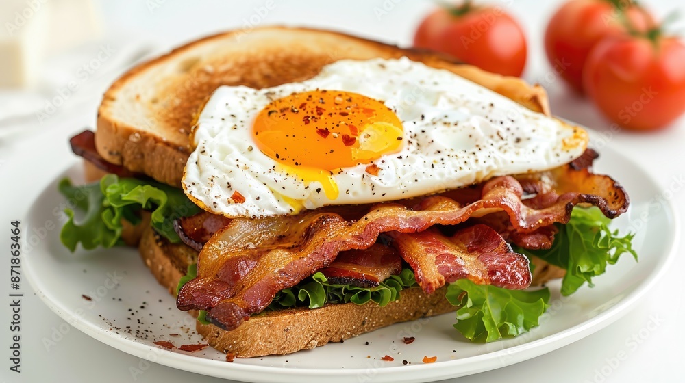 Close up of bacon and egg sandwich on white plate against white backdrop Close up of bacon and egg sandwich on white plate against white backdrop