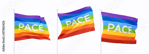 Set of Italian word PACE, meaning "peace" waving flag on flagpole. Realistic 3d design flag flies on the wind on isolated white background. vector illustration